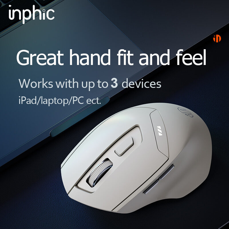 INPHIC DR6 Bluetooth Mouse Rechargeable 2.4G+Bluetooth 5.0/4.0 Tri-Modes Wireless Mouse 1600dpi Mute Ergonomic Mouse for iPad Laptop Desktop Mac Android Windows, apricot white