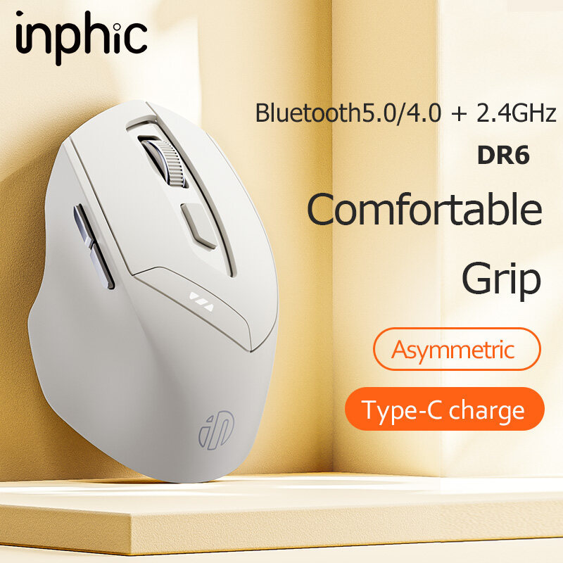 INPHIC DR6 Bluetooth Mouse Rechargeable 2.4G+Bluetooth 5.0/4.0 Tri-Modes Wireless Mouse 1600dpi Mute Ergonomic Mouse for iPad Laptop Desktop Mac Android Windows, apricot white
