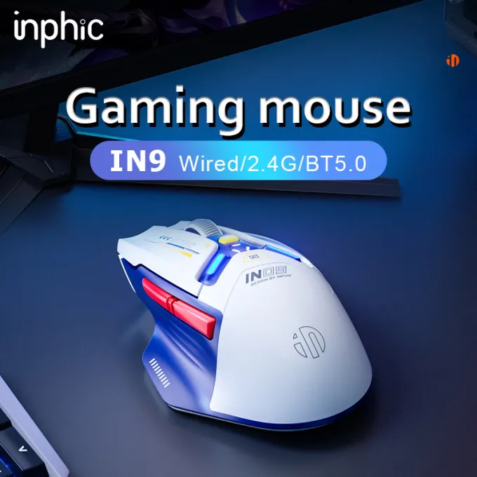 INPHIC IN9 Wired & Wireless Mouse Rechargeable RGB Lighting Gaming Mice  10000DPI 6 Buttons Programmable &Tri-mode Bluetooth Optical Sensor Mouse  (type