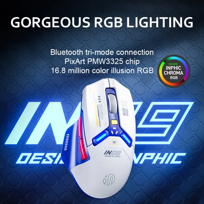 INPHIC IN9 Wired & Wireless Mouse Rechargeable RGB Lighting Gaming Mice 10000DPI 6 Buttons Programmable &Tri-mode Bluetooth Optical Sensor Mouse (type C wired/2.4GHz/Bluetooth5.0), Blue&White