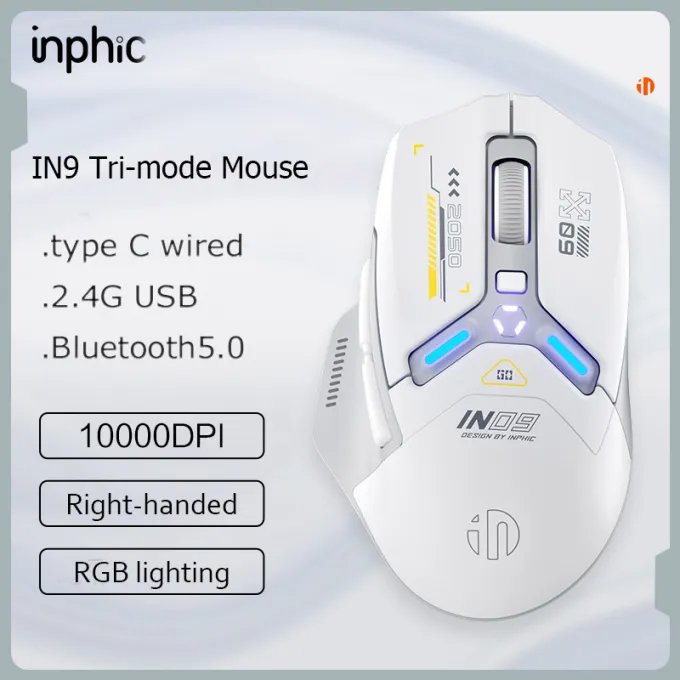 INPHIC IN9 Wired & Wireless Mouse Rechargeable RGB Lighting Gaming Mice 10000DPI 6 Buttons Programmable &Tri-mode Bluetooth Optical Sensor Mouse (type C wired/2.4GHz/Bluetooth5.0)