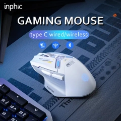 INPHIC IN9 Wired & Wireless Mouse Rechargeable RGB Lighting Gaming Mice 10000DPI 6 Buttons Programmable &Tri-mode Bluetooth Optical Sensor Mouse (type C wired/2.4GHz/Bluetooth5.0), Gray&White