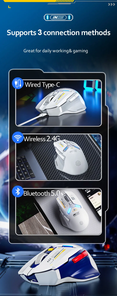 INPHIC IN9 Wired & Wireless Mouse Rechargeable RGB Lighting Gaming Mice 10000DPI 6 Buttons Programmable &Tri-mode Bluetooth Optical Sensor Mouse (type C wired/2.4GHz/Bluetooth5.0), Blue&White