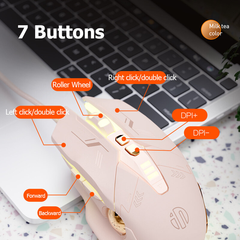 INPHIC W8 Gaming Mouse, High Performance Wired Mouse 4000 DPI, 7 Programmable Buttons, On-Board Memory, Mouse Backlit for Office or Gamer, Pink