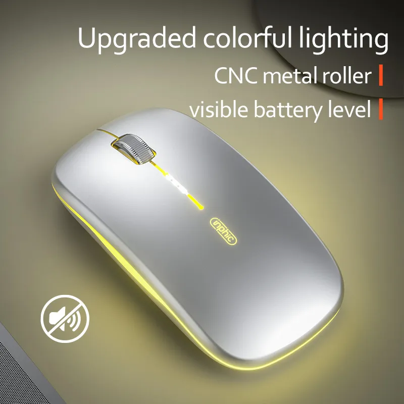 INPHIC M5 Wireless Mouse USB Rechargable 1600DPI 7 Color Breath Lighting, CNC Metal Roller, Noiseless Click Optical Laptop Mouse, Silver