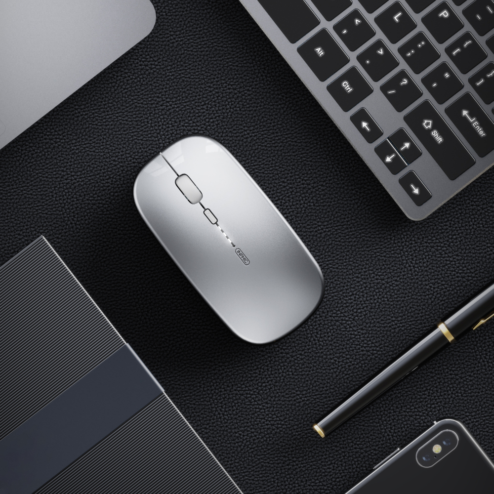 INPHIC M1PRO Bluetooth Mouse, INPHIC Multi-Device Slim Silent Rechargeable Bluetooth Wireless Mouse (Tri-Mode: BT 5.0/4.0+2.4G), 1600DPI Portable Mouse for iPad MacBook Laptop Android Tablet Windows PC, Silver
