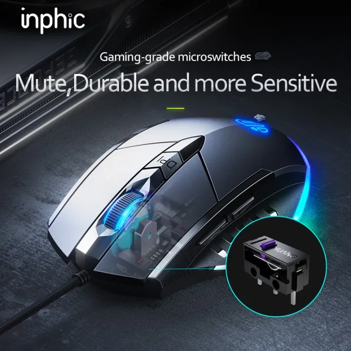 INPHIC W1Pro Gaming Mouse, High Performance Wired Mouse 7200 DPI, 6 Programmable Buttons, On-Board Memory, Mouse Backlit for Office or Gamer, Black