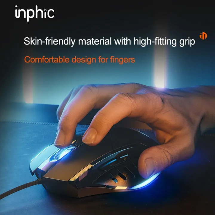INPHIC W1Pro Gaming Mouse, High Performance Wired Mouse 7200 DPI, 6 Programmable Buttons, On-Board Memory, Mouse Backlit for Office or Gamer, Black
