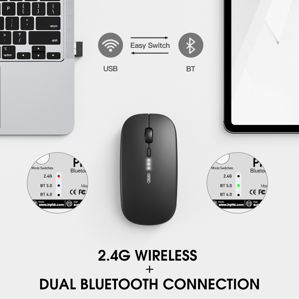 INPHIC M1PRO Bluetooth Mouse, INPHIC Multi-Device Slim Silent Rechargeable Bluetooth Wireless Mouse (Tri-Mode: BT 5.0/4.0+2.4G), 1600DPI Portable Mouse for iPad MacBook Laptop Android Tablet Windows PC, Black
