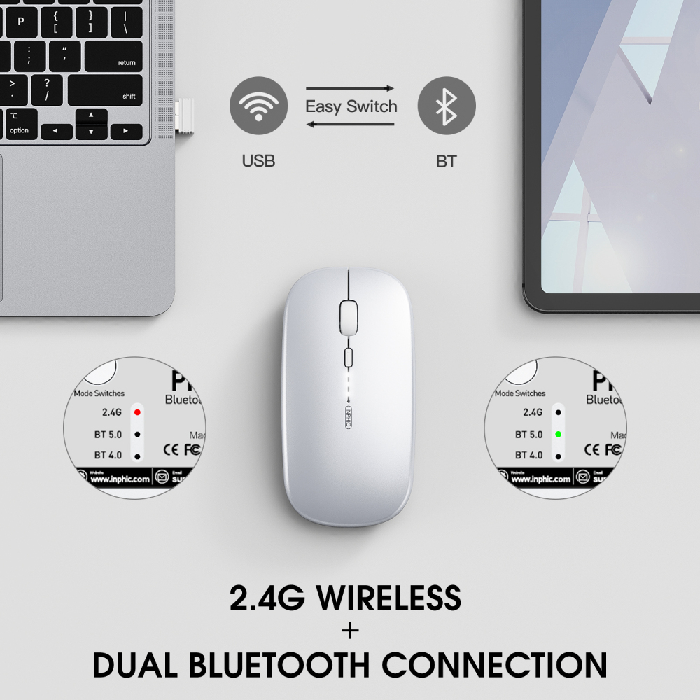 INPHIC M1PRO Bluetooth Mouse, INPHIC Multi-Device Slim Silent Rechargeable Bluetooth Wireless Mouse (Tri-Mode: BT 5.0/4.0+2.4G), 1600DPI Portable Mouse for iPad MacBook Laptop Android Tablet Windows PC, Silver
