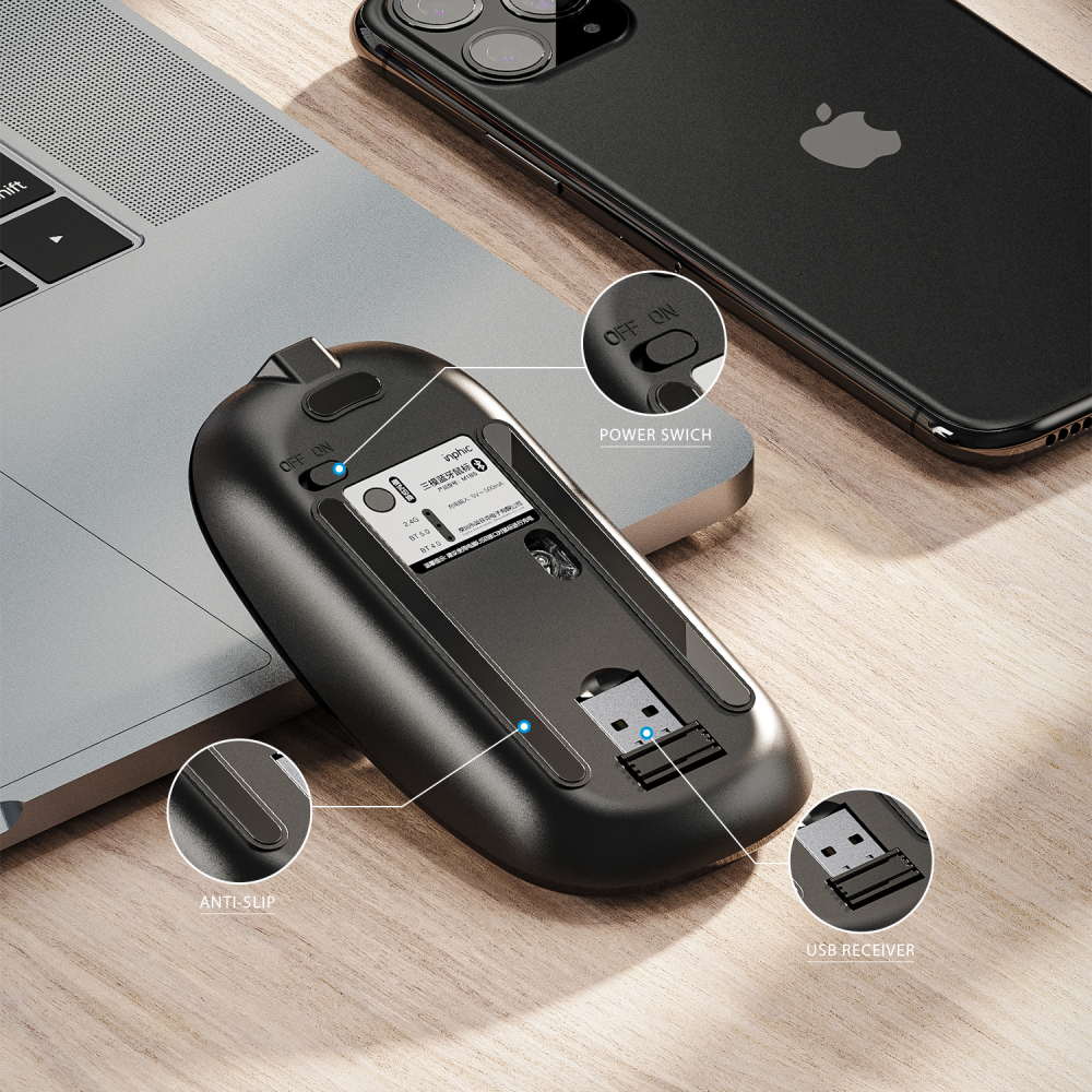 INPHIC M1PRO Bluetooth Mouse, INPHIC Multi-Device Slim Silent Rechargeable Bluetooth Wireless Mouse (Tri-Mode: BT 5.0/4.0+2.4G), 1600DPI Portable Mouse for iPad MacBook Laptop Android Tablet Windows PC, Black