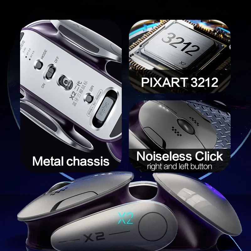 INPHIC X2BT LED Bluetooth Mouse Wireless Tri-mode Silent Rechargeable 2.4G Portable USB Optical Computer Mice with USB Receiver, Mobile Platform Adaptation, Grey