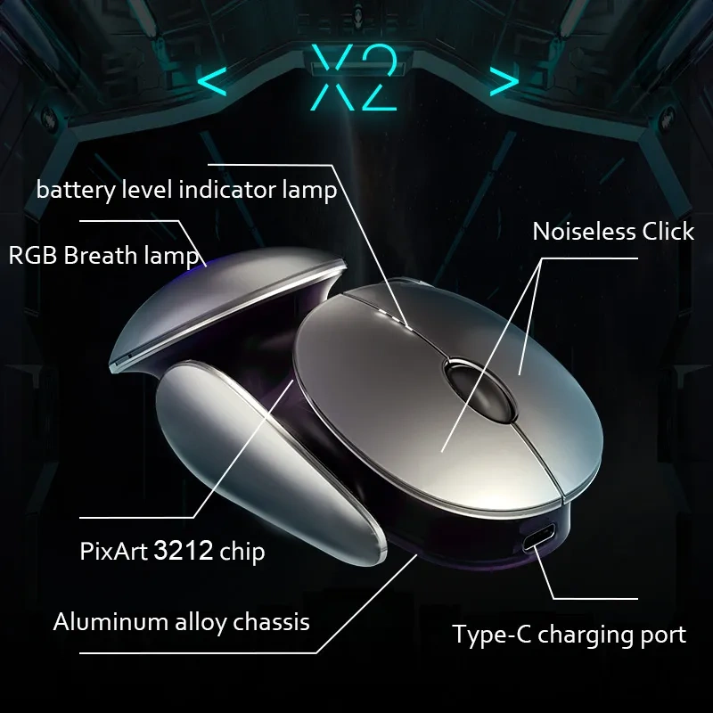 INPHIC X2BT LED Bluetooth Mouse Wireless Tri-mode Silent Rechargeable 2.4G Portable USB Optical Computer Mice with USB Receiver, Mobile Platform Adaptation, Grey