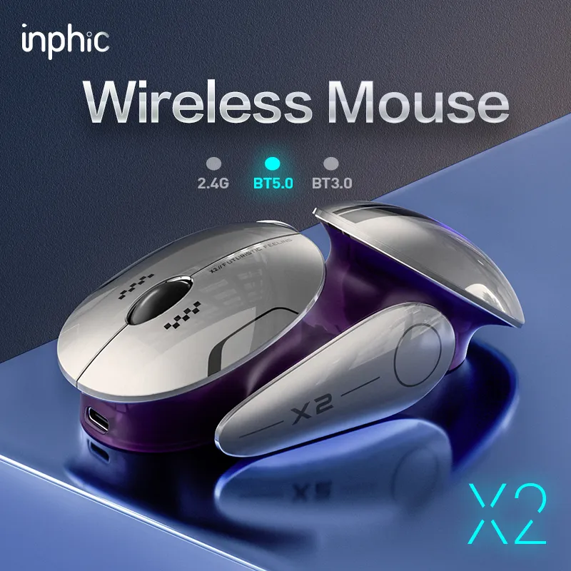 INPHIC X2BT LED Bluetooth Mouse Wireless Tri-mode Silent Rechargeable 2.4G Portable USB Optical Computer Mice with USB Receiver, Mobile Platform Adaptation, Grey