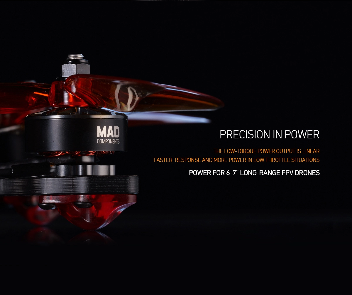 MAD BSC2807.5 1300KV 1500KV FPV Brushless Motor, Improved power component accuracy for fast, precise flight on 6-7 inch long-range FPV drones.