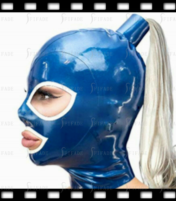 Latex Hoods Masks with Hair Tubes No Wigs Big Eyes Metallic Blue Sexy Wear Customized 0.4MM
