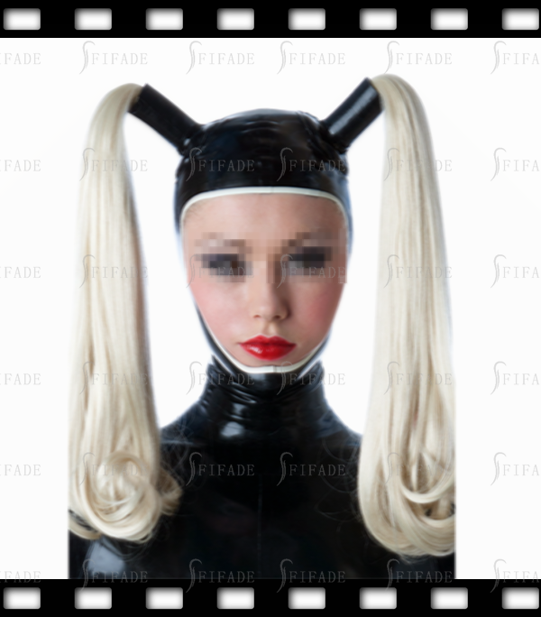 Latex Hoods Masks with 2 Blonde Wigs Open Face Style Customzied Big Eyes Style
