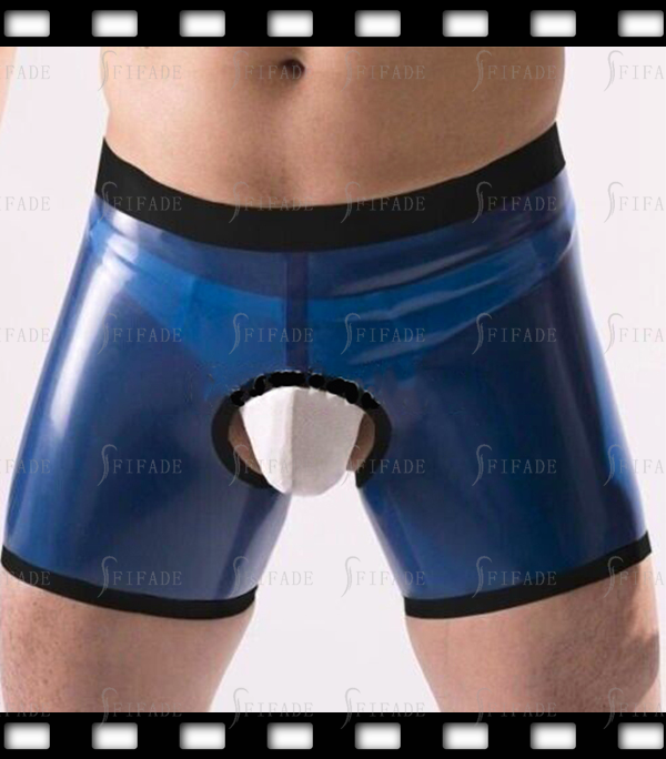Latex Shorts Open Crotch Sexy Boxers Pants Transparent Blue Unique Customized 0.4mm