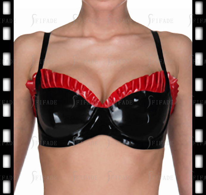 Latex Bra Full Coverage Cup with Red Ruffles Customized 0.4mm