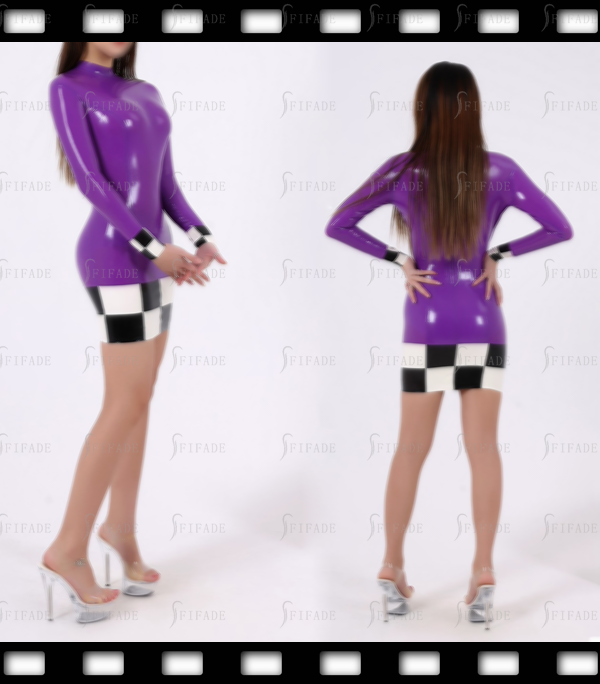 Latex Dress Mini Length Racing Lady Skirts High Neck Long Sleeves Back Zip Customized 0.4mm