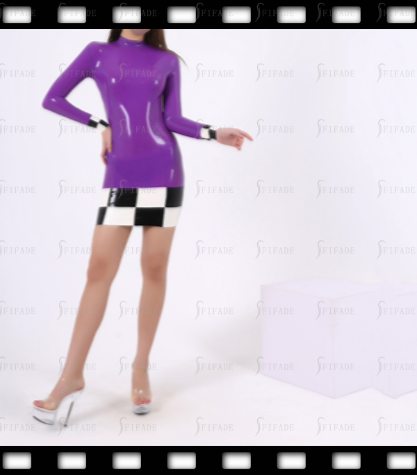 Latex Dress Mini Length Racing Lady Skirts High Neck Long Sleeves Back Zip Customized 0.4mm