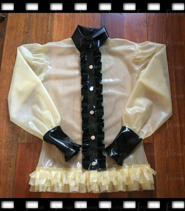 Latex Ruffles Shirts Sexy Transparent Front Snap Buttons Sexy Customized 0.4mm