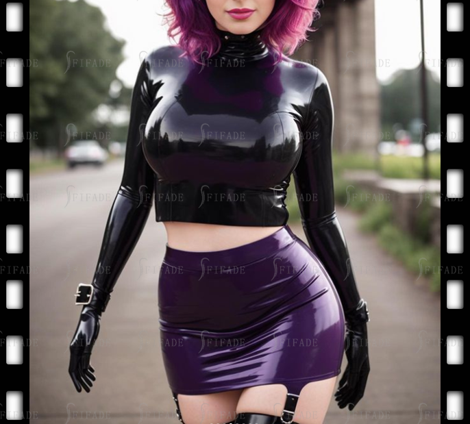 Latex T-shirts for Women Attached Long Gloves Lower Bust Line Back Short Zip Customized 0.4
