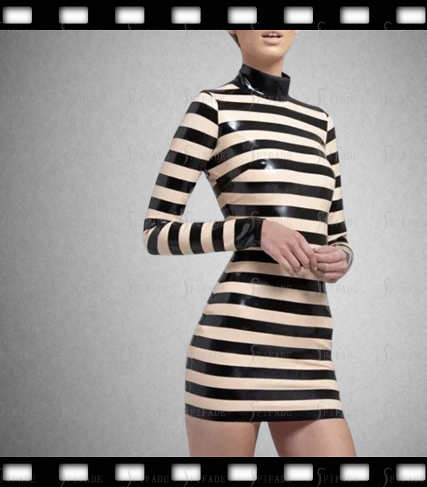 Latex Long Sleeves Dresses Mini Length Contrasting Color Unique Sexy No Zip Customized 0.4mm