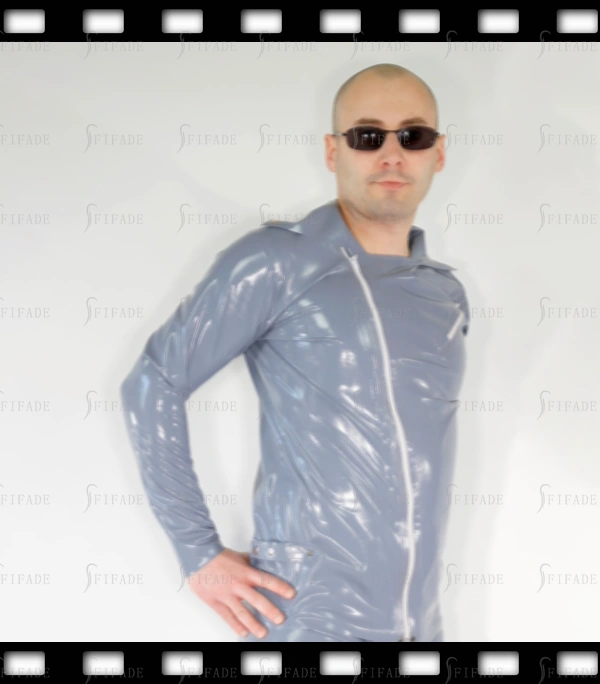 Latex Coat for Men Long Straight Sleeves Side Zip Skirts Neck ...