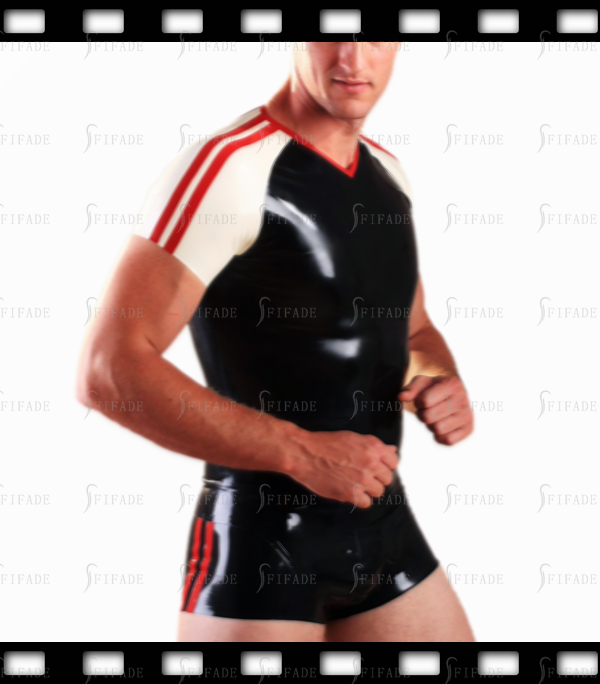 Latex Sports Leotard Men's Jumpsuit Short Sleeves Side Trims V Neck Entry No Zip Customized 0.4