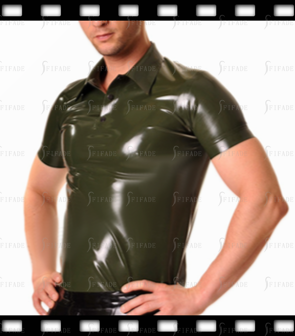 Latex Tops Men's Polo Shirt Neck Snap Button Short Sleeves Cool Customized 0.4