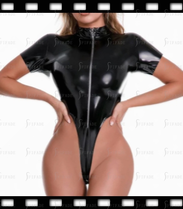 Latex Leotard Swimsuit Short Sleeves High Cutting Front Zip Fitted Sexy Customized 0.4mm