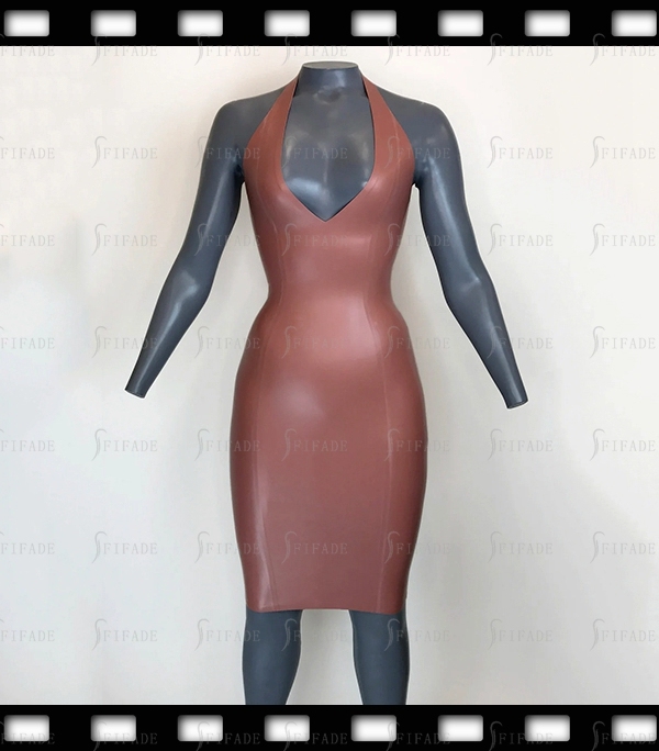 Latex Dress Halter Deep V Pencil Dresses Knee Length Sexy Customized No Zip 0.4mm