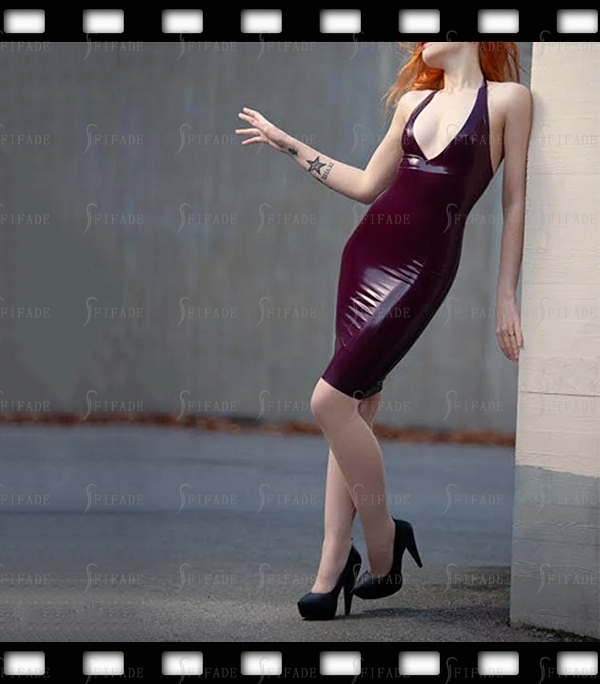 Latex Dress Halter Deep V Pencil Dresses Knee Length Sexy Customized No Zip 0.4mm