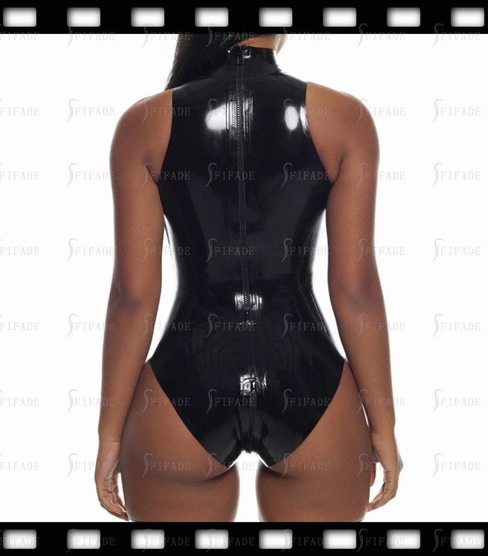 Latex Leotard Black Swimwear Rear Long Zip & Crotch 2-Way Zip Customized 0.4mm