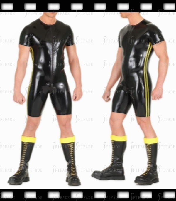 Latex Leotard for Men Around Collar Short Sleeves Side 2 Trims Customied 0.4mm