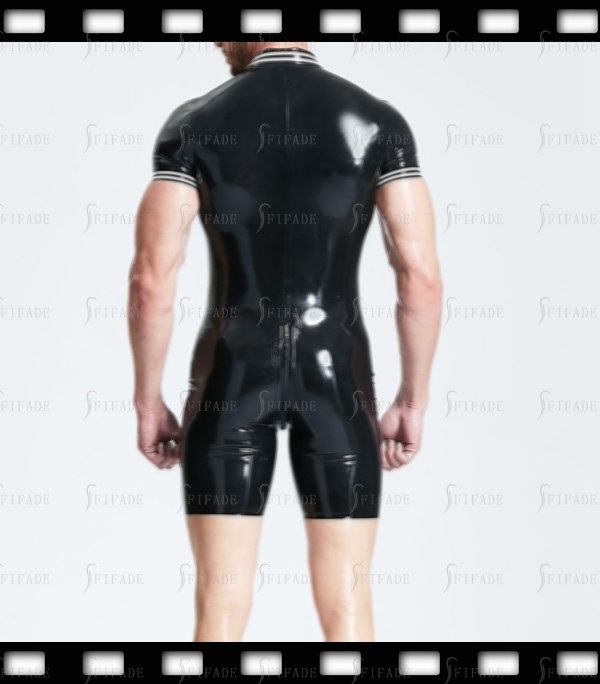 Latex Leotard for Men Shirt Collar Short Sleeves Front 2 Way Zip White Trims Customied 0.4mm