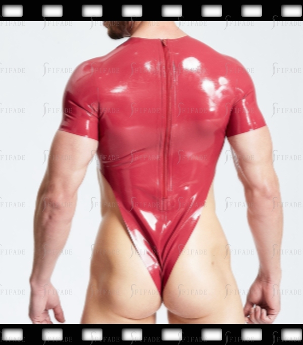 Latex Leotard Short Sleeves High Cutting Style Unisex Sexy Back Zip Customied 0.4mm