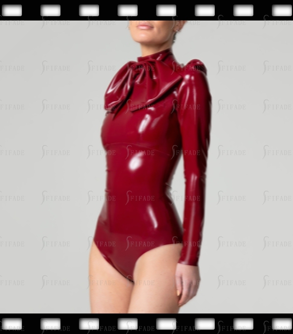 Latex Leotard Long Sleeves with Gathered Sleeve Heads High Collar Customized 0.4mm