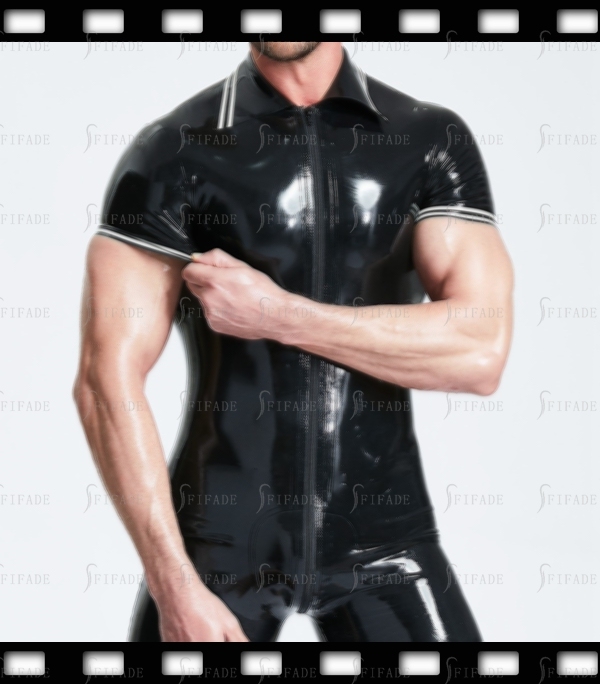 Latex Leotard for Men Shirt Collar Short Sleeves Front 2 Way Zip White Trims Customied 0.4mm