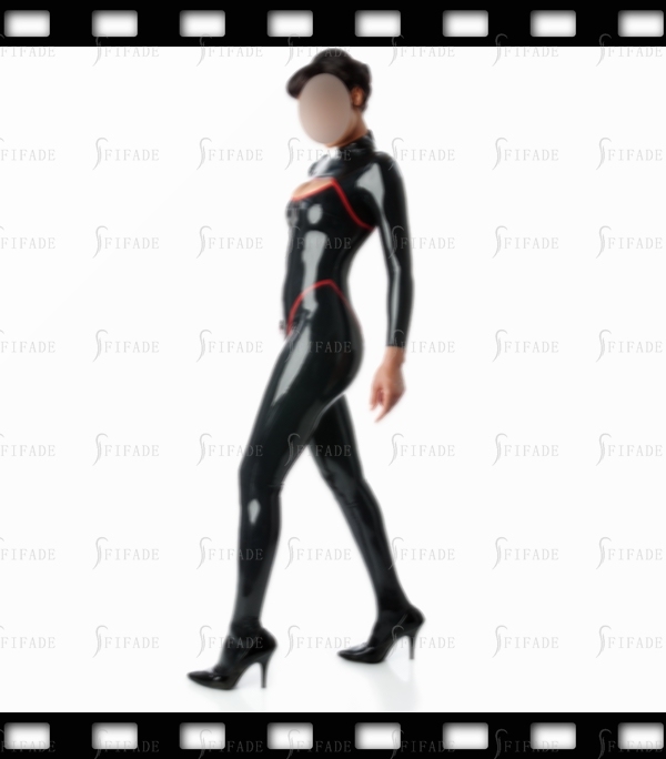 Latex Catsuit for Women Unique Cleavage Red Trims Back 3-way Zip Customized 0.4mm
