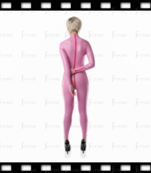 Latex Catsuit Pink Color Back 3 Way Zip with Ankle & Cuff Zip High Neck Sexy Hot Customized 0.4mm