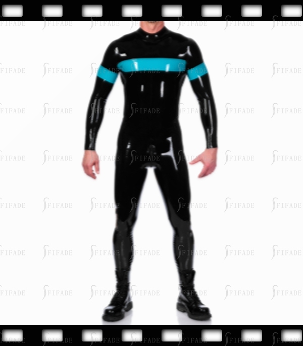 Latex Catsuit for Men Jumpsuit Contrasting Color Trims Unisex Back 3 Way Zip Customized 0.4mm