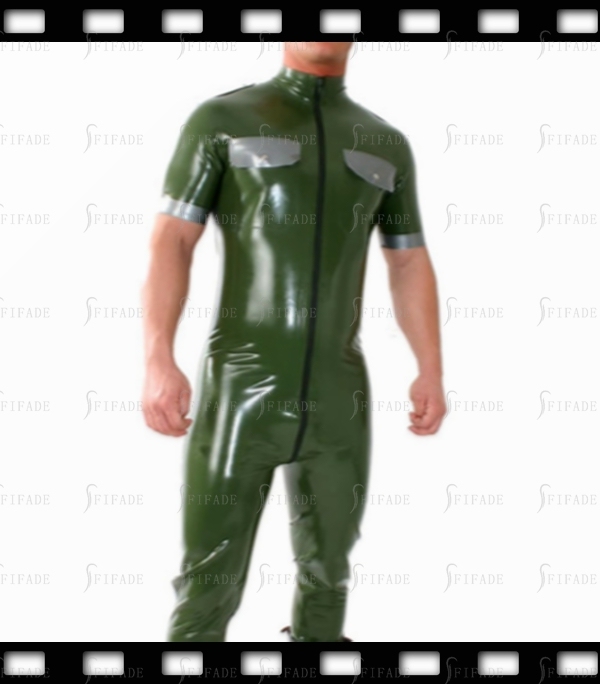Latex Catsuit for Men Short Sleeves Shirt Style Front 2 way Zip Unisex Customized 0.4mm