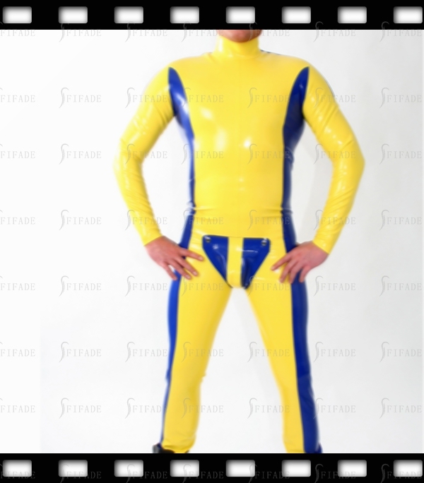 Latex Catsuit with Cod Piece Shoulder Entry Zip Contrasting Color Unisex Customized 0.4mm