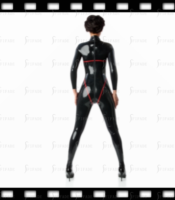 Latex Catsuit for Women Unique Cleavage Red Trims Back 3-way Zip Customized 0.4mm