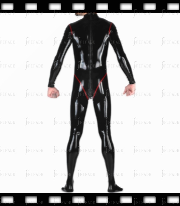 Latex Catsuit Princess Cutting Red Trims Back 3 Way Zip Customized 0.4mm