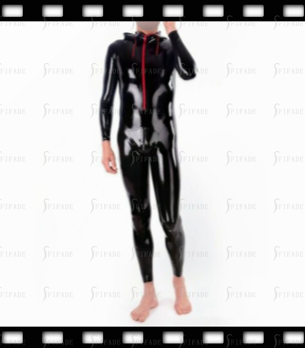 Latex Catsuit for Men with Hoodies Neck Drawstring Front Zip Sports Leotard Customized 0.4mm