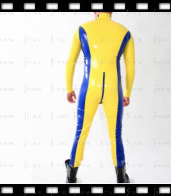Latex Catsuit with Cod Piece Shoulder Entry Zip Contrasting Color Unisex Customized 0.4mm