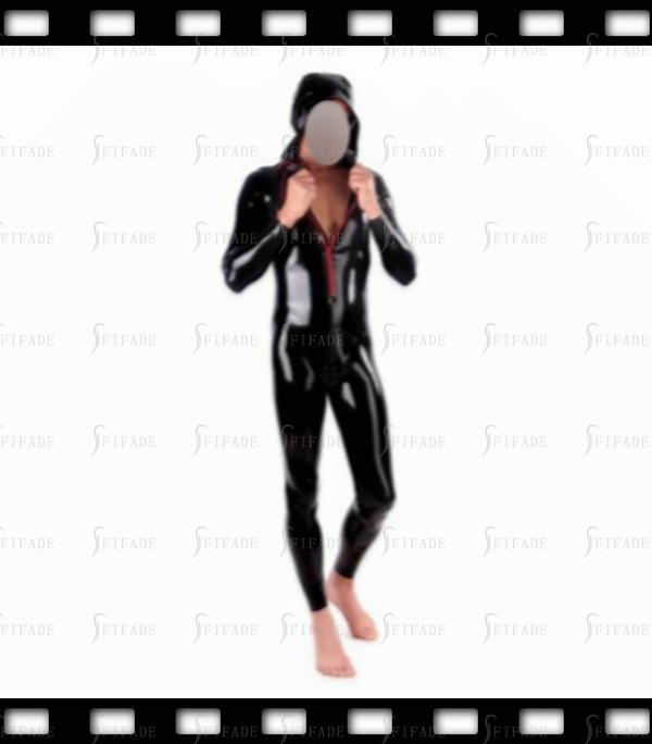 Latex Catsuit for Men with Hoodies Neck Drawstring Front Zip Sports Leotard Customized 0.4mm